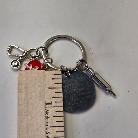 Nurse Keychain Gift Silver Tone Heart EKG Syringe Charm Inspirational Quote - Picture 3 of 4